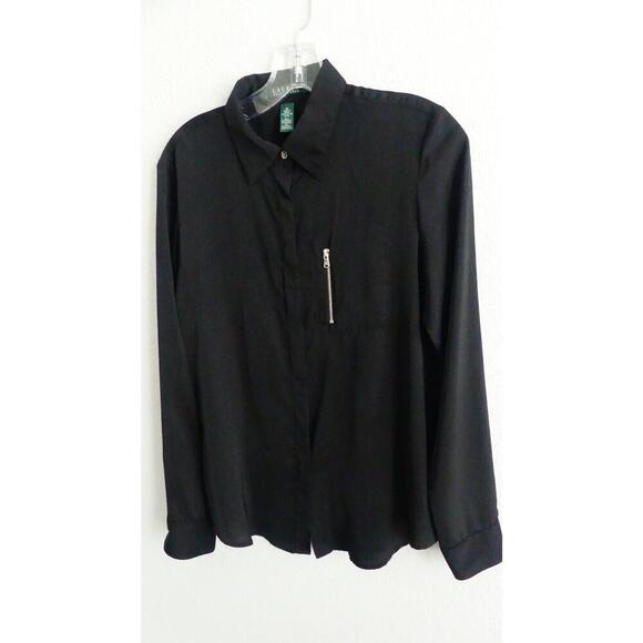 Lauren Ralph Lauren Women's Black Silky Button Front Shirt Zipper Pocket Size M - Picture 2 of 6